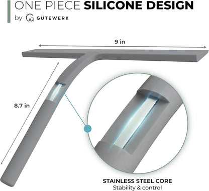 GÜTEWERK Silicone Shower Squeegee for Glass Doors & Mirrors with Stainless Steel Core, Streak-Free & No-Squeak Window Cleaning, 3-in-1 No-Drill Mount (Hook/Suction/Adhesive),White, 9 Inches
