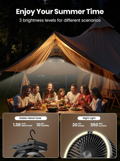 Warmco 15000mAh Clip on Fan with LED Light for Camping and Golf Car | 12-30H Runtime, 300H+ Light, USB-C Two-Way Charging, 3-Level LED Light, Clip Hook Desk Use, 4 Speeds