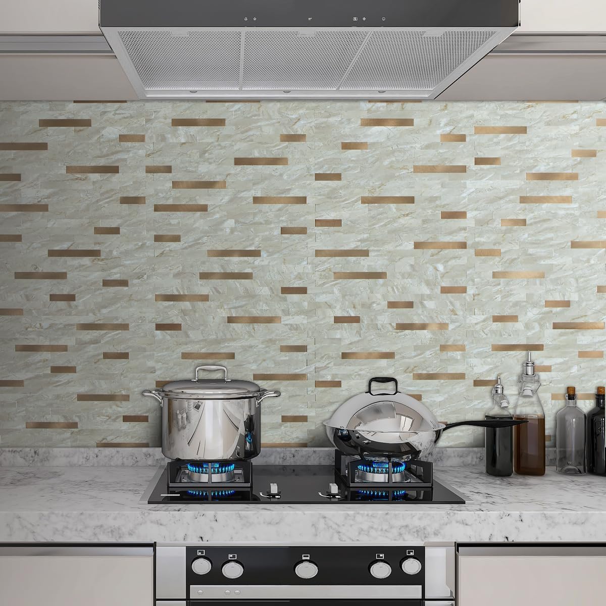 AULIGET 20 Sheets Peel and Stick Backsplash, Black & Grey Wood Look PVC Mixed Metal Stick on Backsplash Tiles for Kitchen