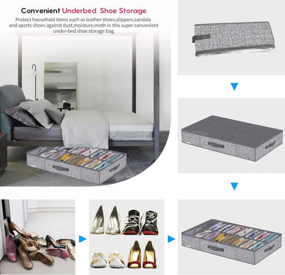 Onlyeasy Sturdy Under Bed Shoe Storage Organizer, Set of 2, Fit 12 to 24 Pairs, Underbed Shoes Closet Storage Solution with Clear Window, Breathable, L29.3 x W23.6 x H5.9, Linen-like Black, MXAUBSB2P