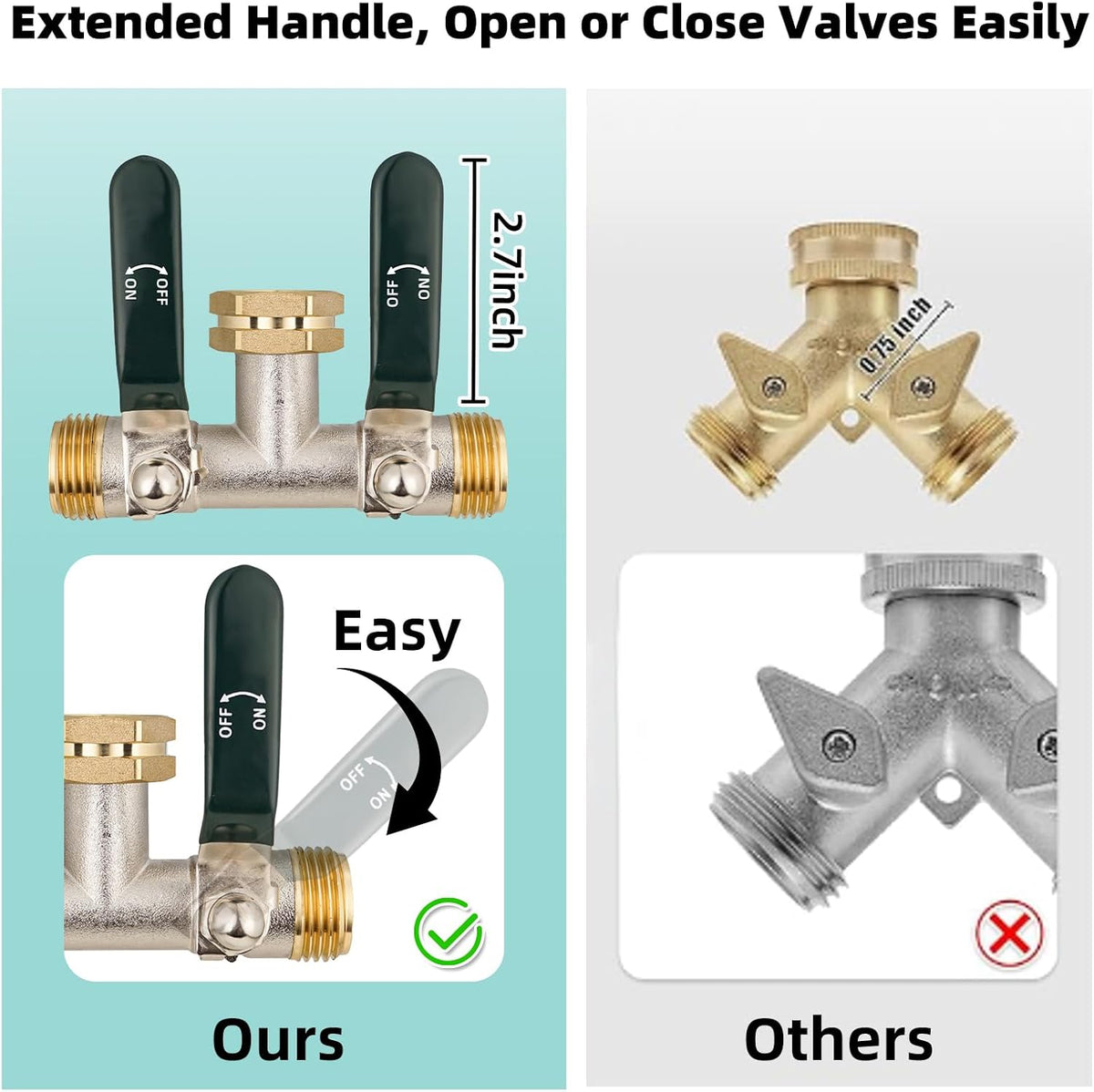 Hose Splitter 2 Way, Brass High Flow Garden Hose Splitter Heavy Duty, Hose Connector, Water Spigot Splitter, Full Flow Faucet Splitters with shutoff, 3/4” GHT Inlet