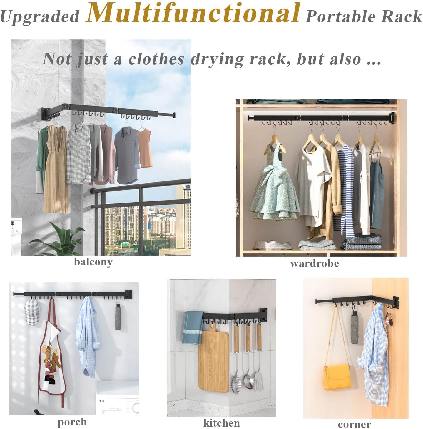 ptlsy Wall Mounted Portable Folding Clothes Drying Rack with Hooks,Space Saver Clothes Hangers Design Universal for Balcony, Mudroom, Bedroom, Kitchen, Foldable Laundry Rack (3-Pole Black)