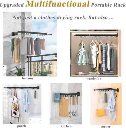 ptlsy Wall Mounted Portable Folding Clothes Drying Rack with Hooks,Space Saver Clothes Hangers Design Universal for Balcony, Mudroom, Bedroom, Kitchen, Foldable Laundry Rack (3-Pole Black)