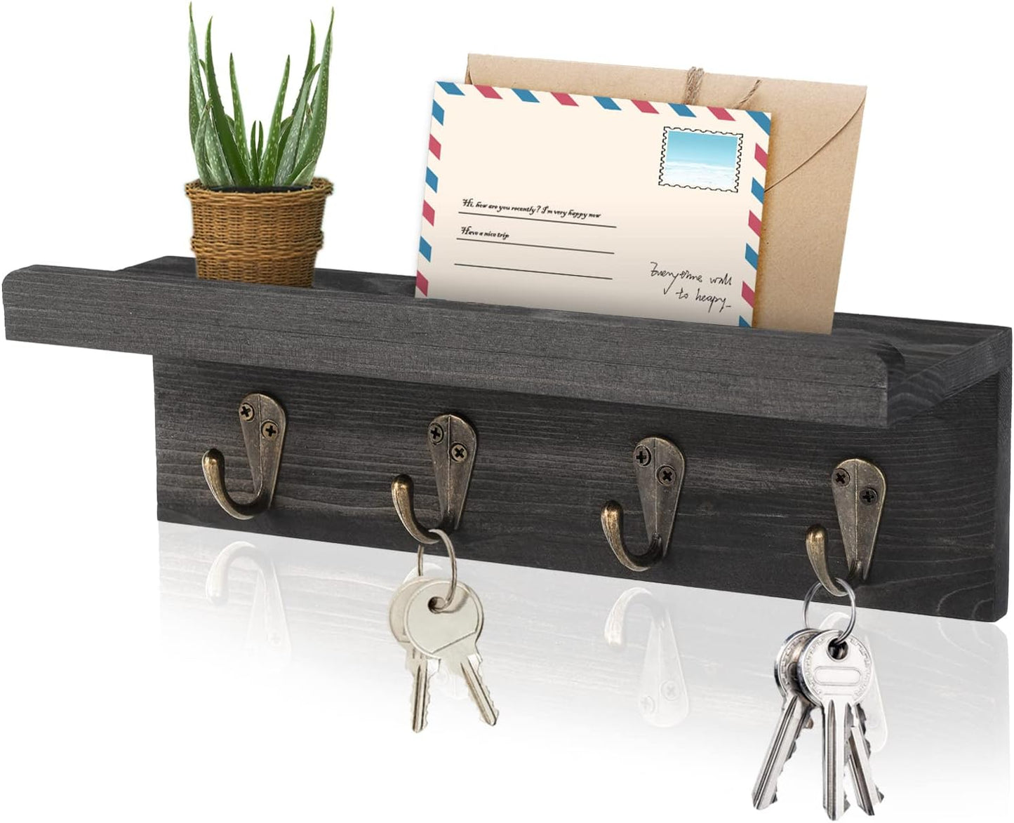 HRONRAD Rustic Key Holder for Wall, Farmhouse Wall Shelf with 4 Hooks, Wall Mounted Key Racks, Wooden Mail Organizer with Hooks for Entryway (Brown)