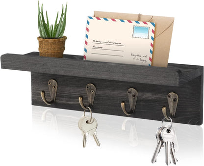 HRONRAD Rustic Key Holder for Wall, Farmhouse Wall Shelf with 4 Hooks, Wall Mounted Key Racks, Wooden Mail Organizer with Hooks for Entryway (Brown)