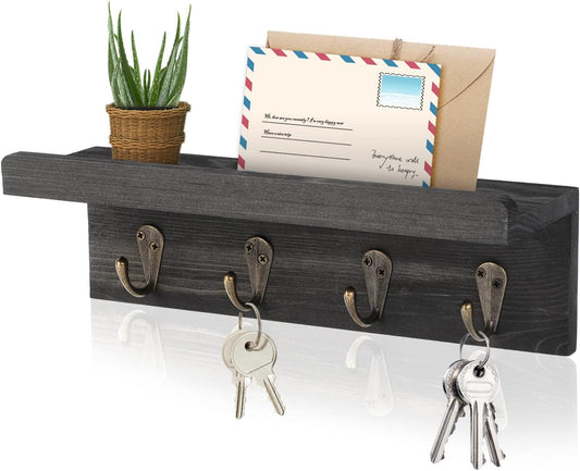 HRONRAD Rustic Key Holder for Wall, Farmhouse Wall Shelf with 4 Hooks, Wall Mounted Key Racks, Wooden Mail Organizer with Hooks for Entryway (Brown)