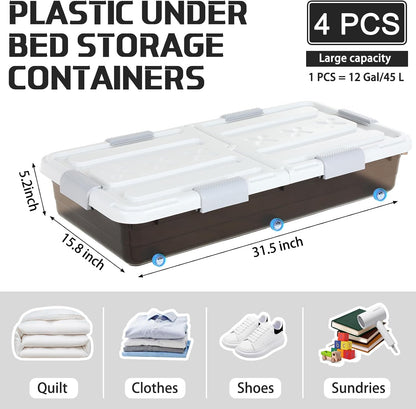 Beeveer 4 Pcs Plastic Under Bed Storage Container with Double Opening Lid Wheel Handle, Transparent Large Capacity Stackable Latching Festival Storage Bin for Closet Bedroom, 31.5x15.8x5.2 In(White)