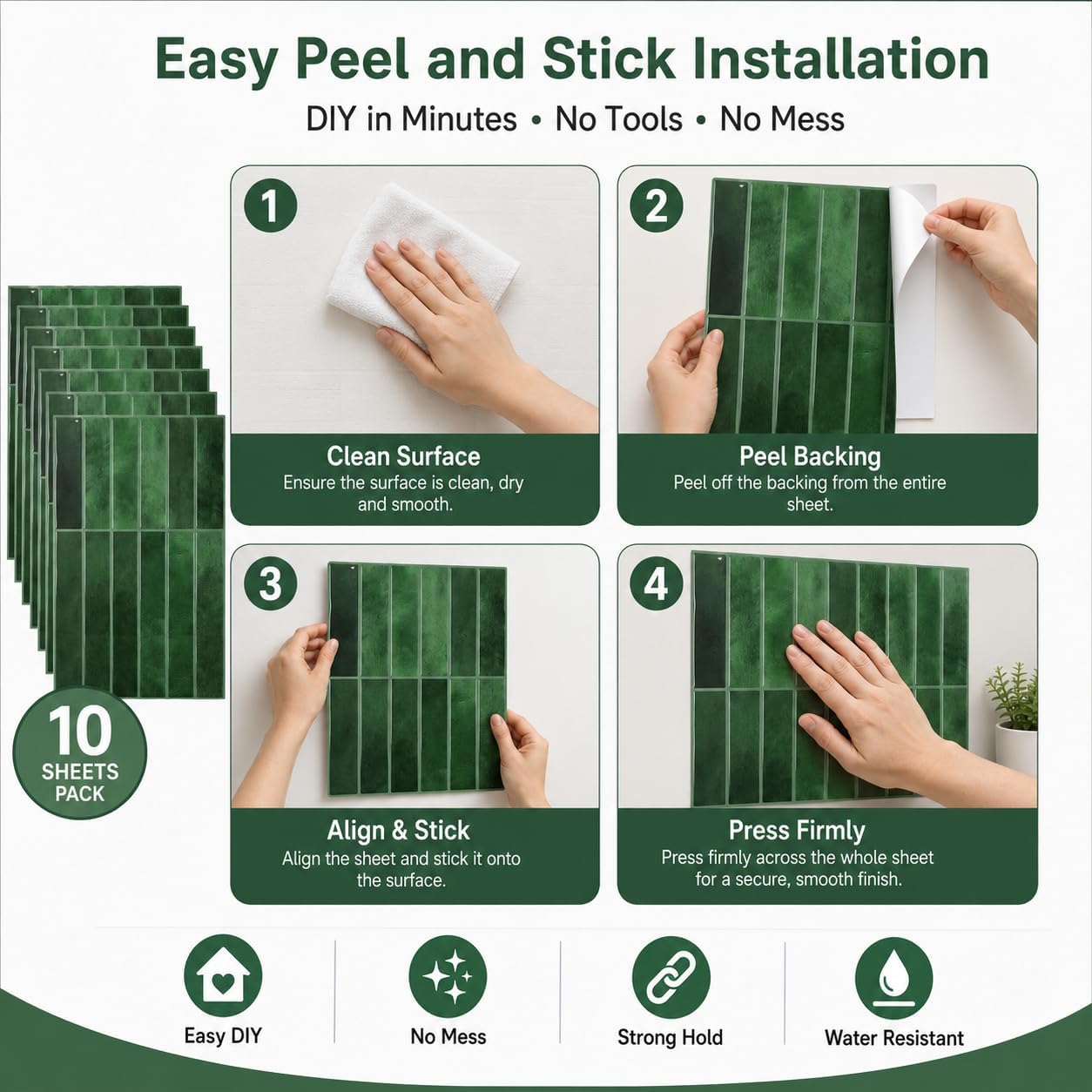 JOLOV 10 Pack Peel and Stick Backsplash Tiles, Waterproof 3D Stickers | Thicker self-adhesive 3D tile stickers for kitchen and bathroom walls; removable, waterproof and easy to install.