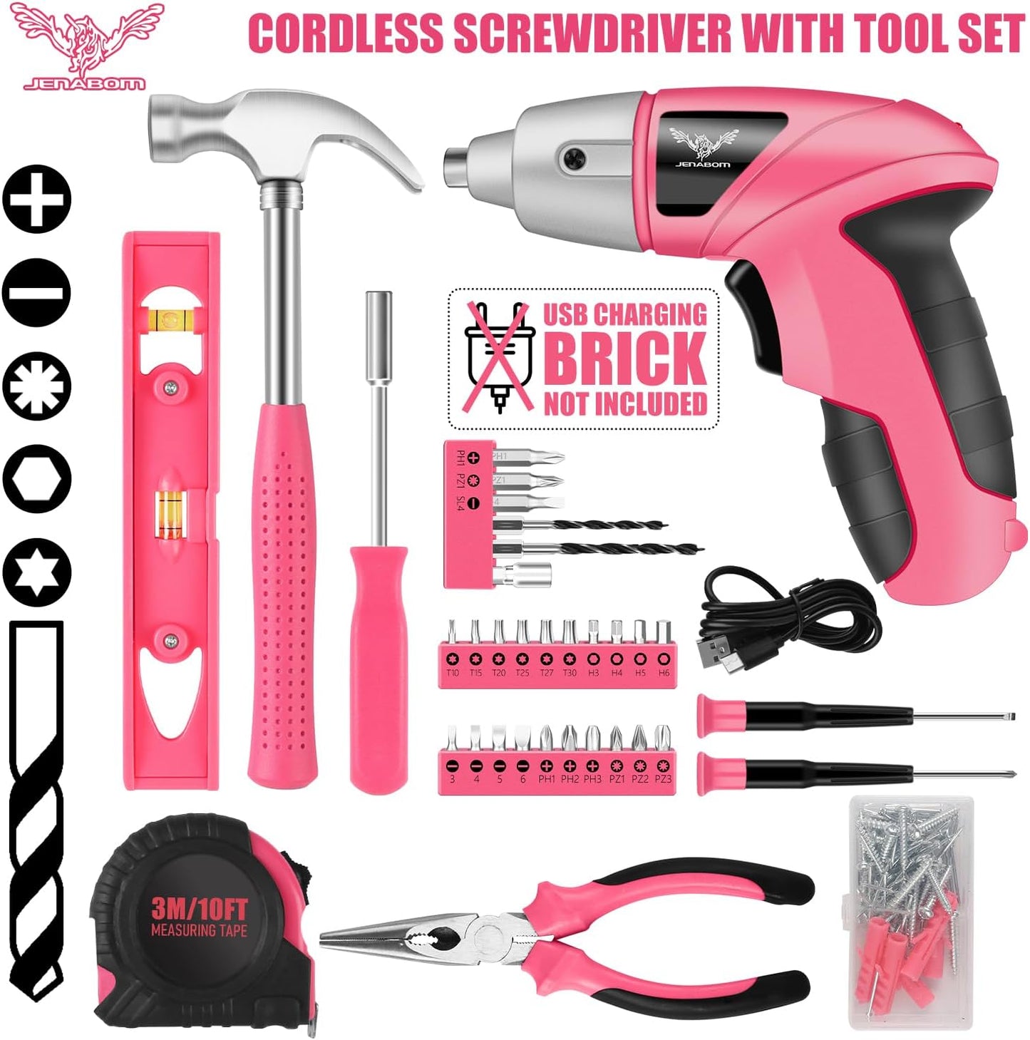 JENABOM Pink 3.6V USB Cordless Electric Screwdriver & Household Tool Kit | Power Screwdriver and Hand Tools in a Compact Box Case for Small Repair and Maintenance- Ideal Housewarming Gift, 112Pcs