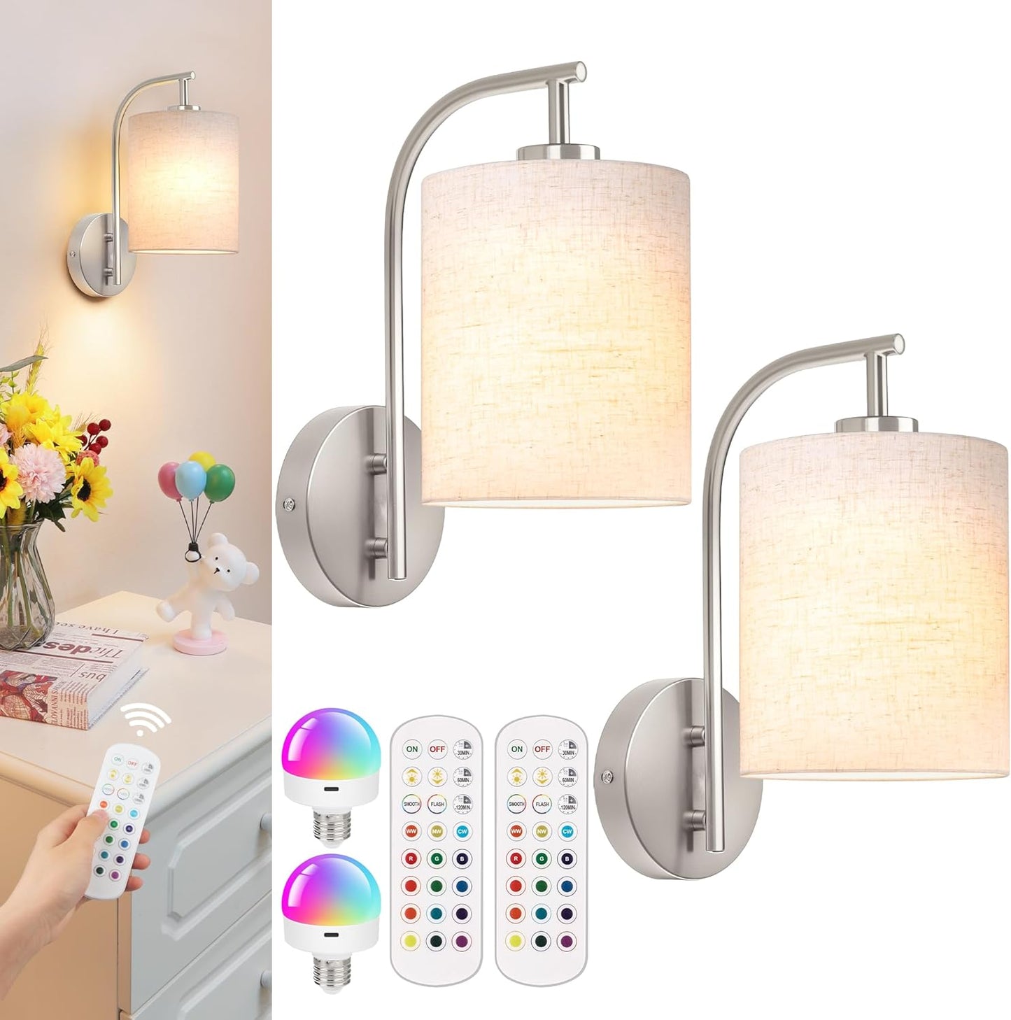 MATAMEYE Battery Operated Wall Sconce Set of 2, Black Rechargeable Wireless Wall Light Fixture with Remote, 12 RGB Colors & Timer, Indoor Dimmable Wall Lamp with Linen Shade