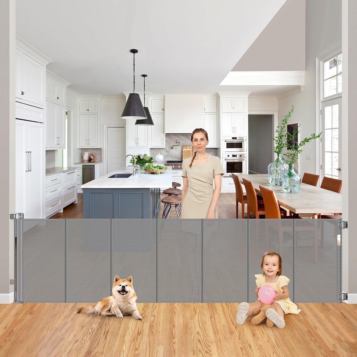 Reinforced Retractable Baby Gates with Support Beam 60" Wide Retractable Dog Gate Indoor Prevent Children and Dogs from Crawling Under Outdoor Dog Gate for Deck Mesh Gates for Kids or Pets, Black