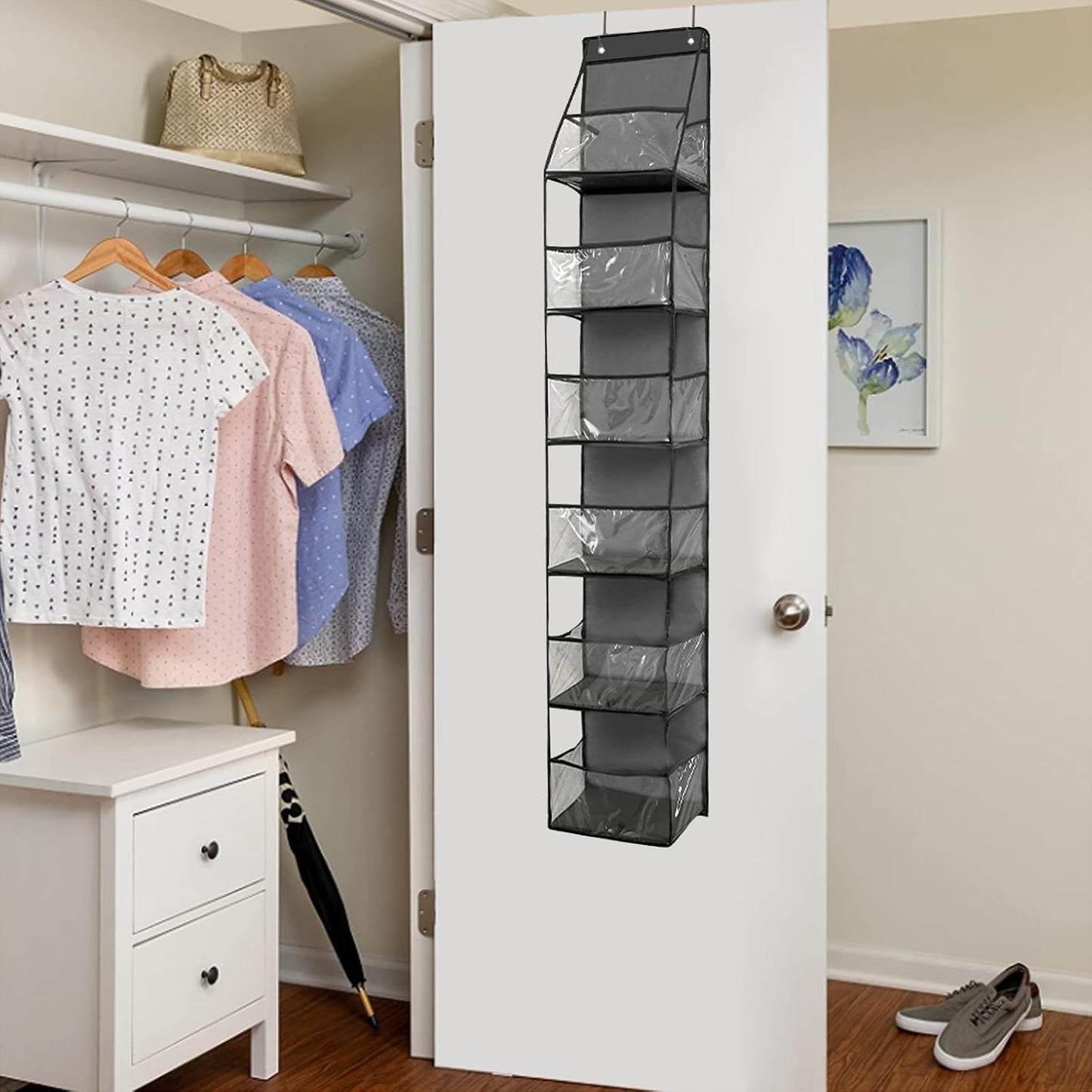 4-Shelf Over The Door Hanging Pantry Organizer, Behind The Door Storage Organizer, with Clear Plastic Pockets, for Bedrooms, Closets, Bathrooms, Small Apartments, College Dorms (Grey)