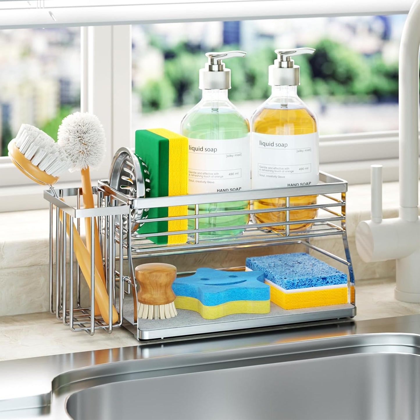 SWTYMIKI Sponge Holder for Kitchen Sink - Sink Caddy with Brush Holder and Stainless Steel Self Drain Tray, Sponge Caddy Organizer with Divider Kitchen Accessories Storage for Countertop, Black