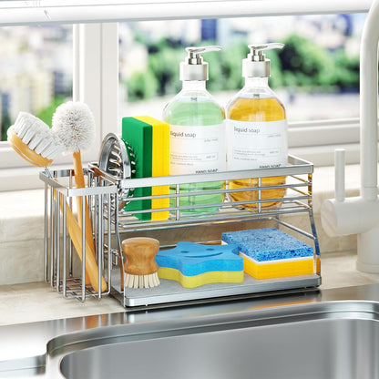 SWTYMIKI Sponge Holder for Kitchen Sink - Sink Caddy with Brush Holder and Stainless Steel Self Drain Tray, Sponge Caddy Organizer with Divider Kitchen Accessories Storage for Countertop, Black