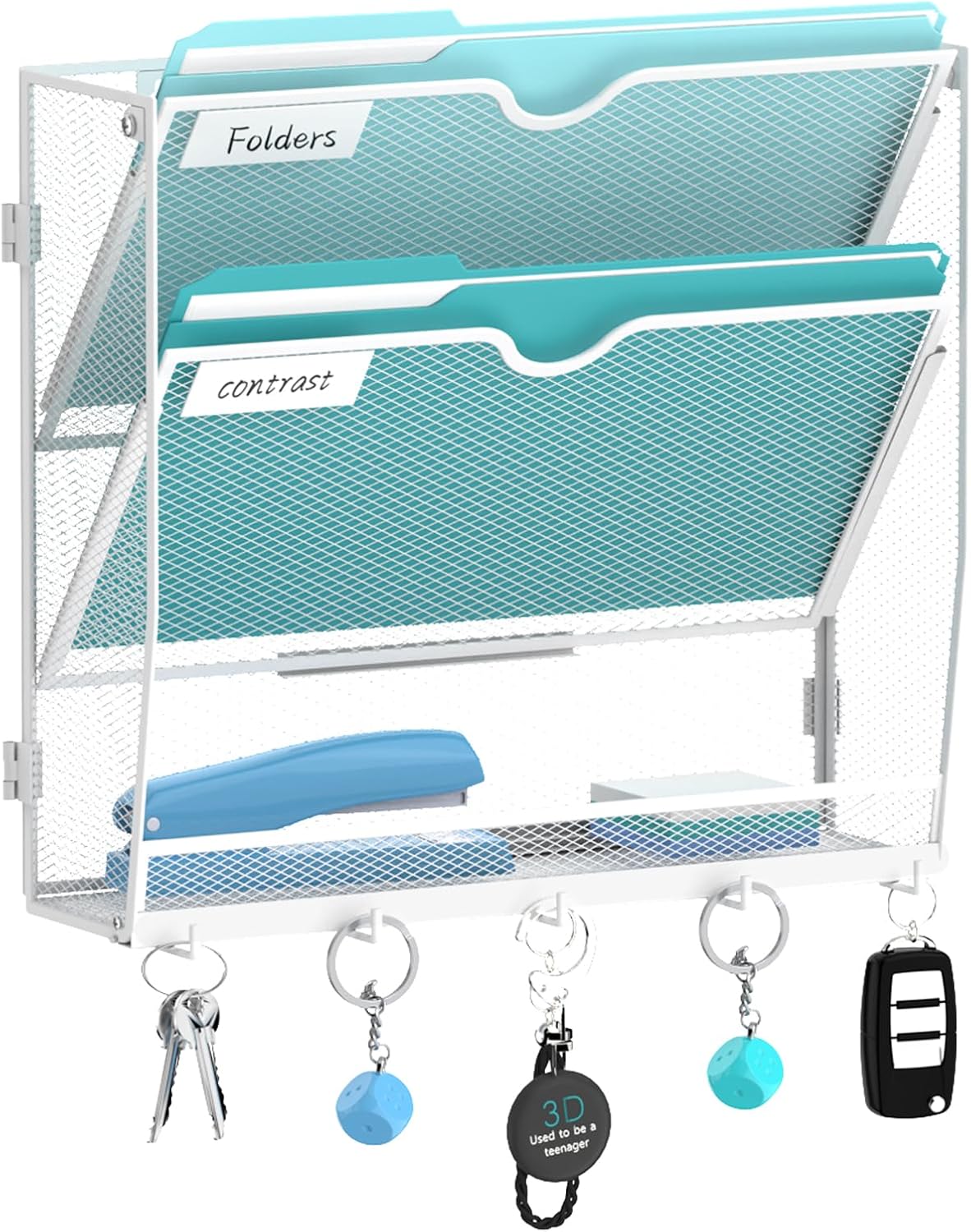 5 Tier Wall File Organizer - Hanging File Organizer with 5 Hooks, Mail Holder Wall Mounted for Papers, Folders, Magazines, Bills, Office&School Organization, Black