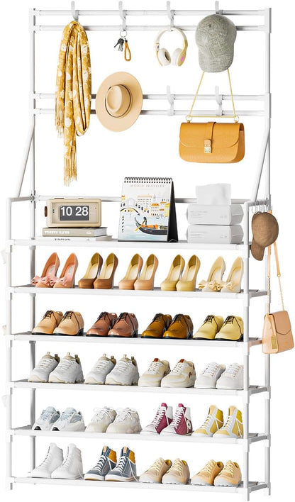 OYREL Shoe Rack, 5 Tier Shoes Storage Organizer, with Functional Hooks and Side Pocket, 20-25 Pairs, for Closet/Entrance/Entryway, Sneaker and Boot Stackable Free Standing Shoe Rack