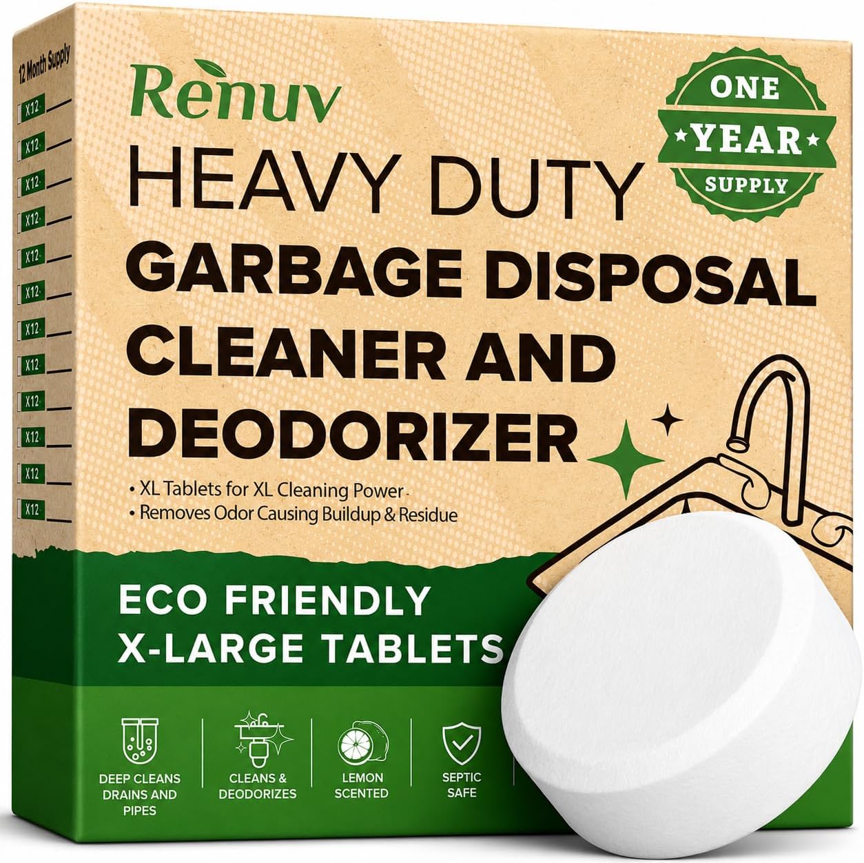Renuv® Garbage Disposal Cleaner & Deodorizer Tablets, 12 XL Tablets | Foaming Citrus Scent, Drain Freshener, Kitchen Sink Odor Refresher For Garbage Disposer Cleaning