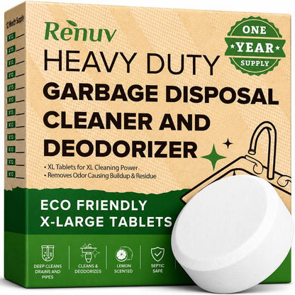 Renuv® Garbage Disposal Cleaner & Deodorizer Tablets, 12 XL Tablets | Foaming Citrus Scent, Drain Freshener, Kitchen Sink Odor Refresher For Garbage Disposer Cleaning