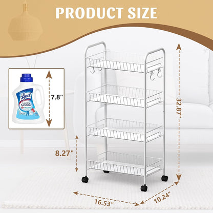 PLKOW 4-Tier Metal Rolling Utility Cart, Multi-Functional Storage Cart for Office, Living Room, Kitchen, Bathroom, Lightweight Organizer Cart with Wheels, White