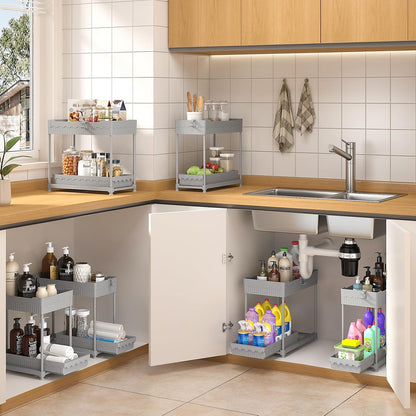 Sevenblue 4-Pack 2-Tier Under Sink Organizer with Pull Out Drawers | Multi-use kitchen & bathroom storage. Includes hanging hooks and cups. Black, space-saving cabinet design.