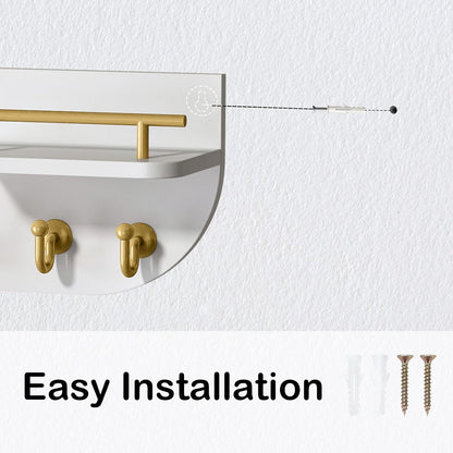 Key Holder for Wall, Decorative Key and Mail Organizer with 6 Sturdy Metal Hooks and Floating Shelf, 14 Inches Wood Wall Mounted Key Rack for Entryway, White and Gold
