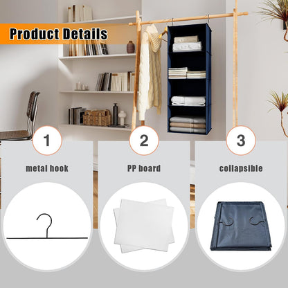 Hanging Closet Organizer 3-Shelf, Oxford Fabric Wardrobe Storage, Gray | Easy-mount foldable design holds clothes, handbags, shoes & accessories; washable Oxford fabric, sturdy and space-saving.