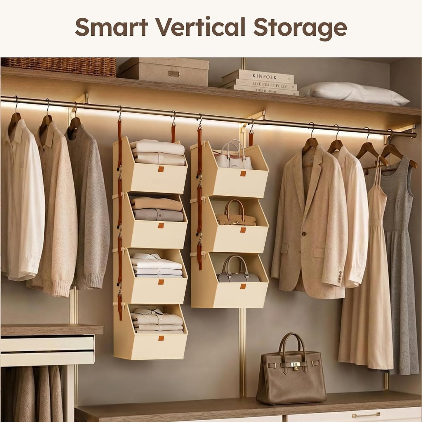 Homsorout Hanging Closet Organizer 4 Tier - Clothes Hanging Shelves, Space-Saving Closet System, Fabric Storage Bins Bedroom Organization, Collapsible Baskets for Home, Dorm, Rv, Beige