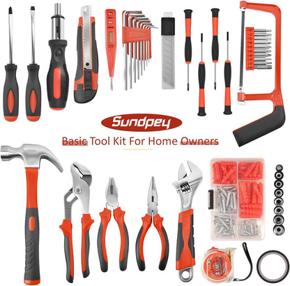 Sundpey Home Tool Kit 148-Pcs - Household Basic portable Hand Repair Tool Set with Case & Ratcheting Screwdriver & Hex Key & Pliers & Wrench & Voltage Tester & Water Pump Plier for Men Women