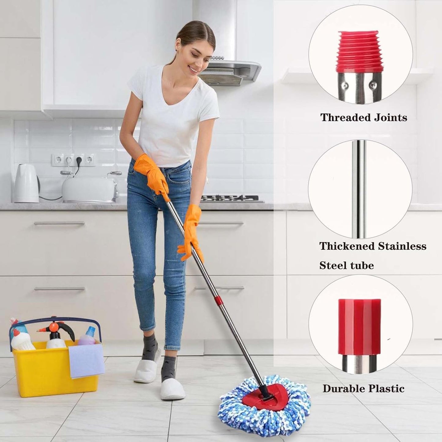 Spin Mop Replace Heads for O Cedar Rinse Clean 2 Tank System, Spin Mop Replacement Head 2 Microfiber Mop Refills, 1 Triangle Head Cover and 30-58in Handle 1 1Scrub Brush