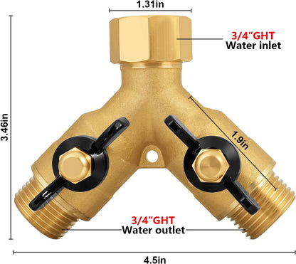 SIGURANTA Garden hose splitter, full-flow, heavy-duty brass 2-way high flow, outdoor faucet Y-valve closure diverter connector, garden hose high-flow diverter adapter. (2-Way Full Flow)
