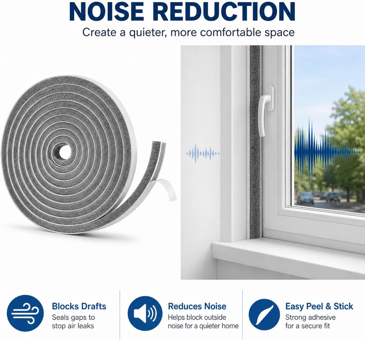 Self-Adhesive Door Draft Stopper & Weather Stripping Door Seal – Gray, 33 Ft x 0.35" Wide x 0.35" Thick Foam Seal Strip – Draft Blocker, Noise Reduction, Insulation