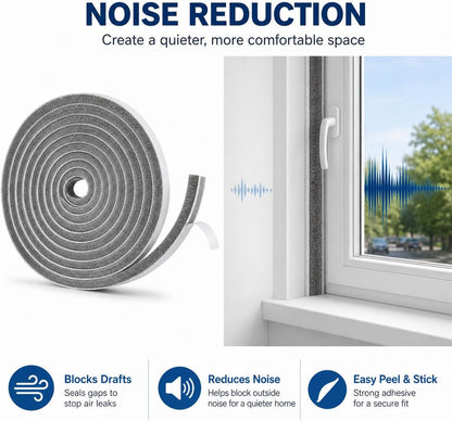 Self-Adhesive Door Draft Stopper & Weather Stripping Door Seal – Gray, 33 Ft x 0.35" Wide x 0.35" Thick Foam Seal Strip – Draft Blocker, Noise Reduction, Insulation