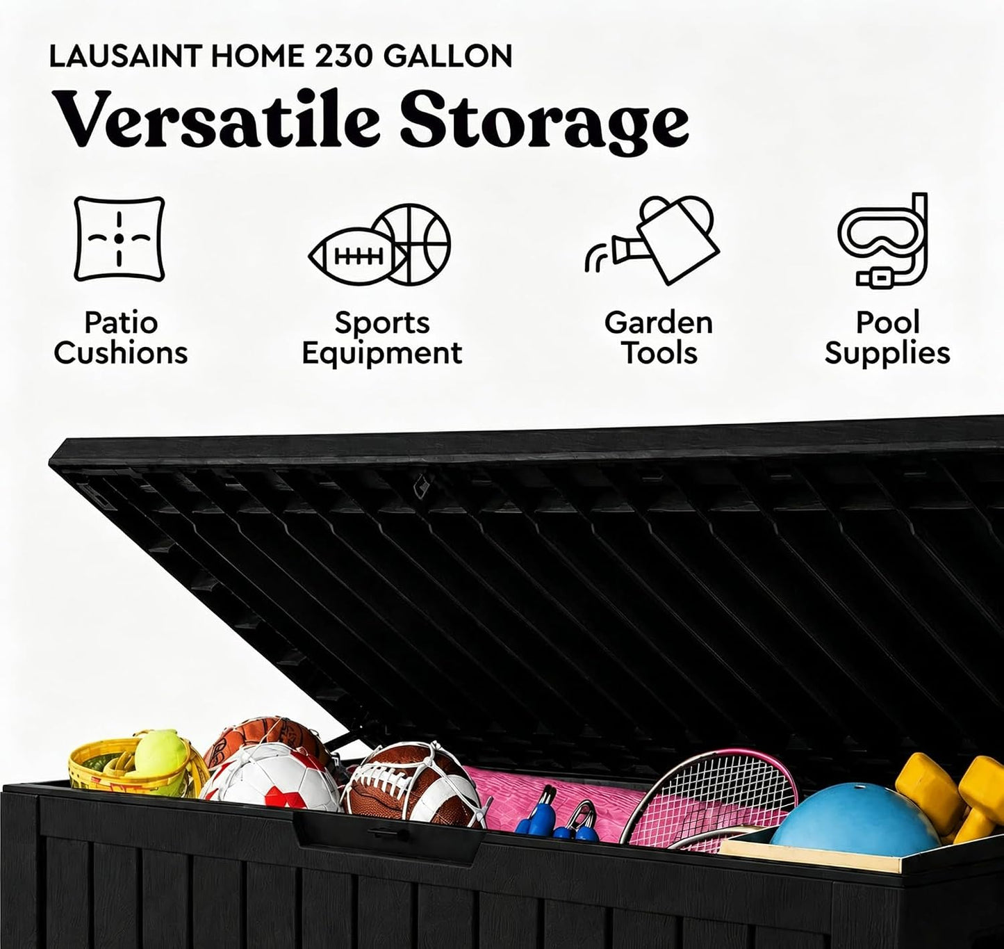 LAUSAINT HOME 320 Gallon Resin Deck Box, Package Delivery Box with Lockable Lid, Waterproof Outdoor Storage Box For Garden Tools, Patio Cushions(320 Gallon,Black)
