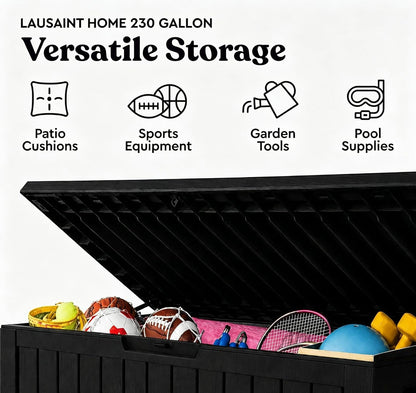 LAUSAINT HOME 320 Gallon Resin Deck Box, Package Delivery Box with Lockable Lid, Waterproof Outdoor Storage Box For Garden Tools, Patio Cushions(320 Gallon,Black)