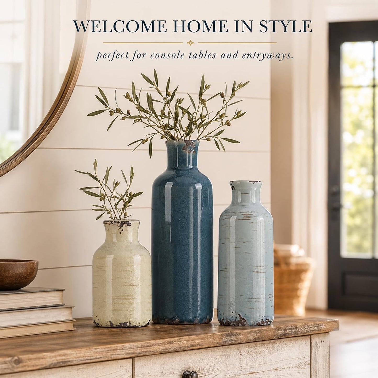 Ceramic Vase Set of 3 – Small Flower Vases, Modern Farmhouse Boho Flower Vases for Home Decor, Rustic Pottery Vases for Centerpieces, Living Room, Shelf, Fireplace, Entryway Decor, Table or Cabinet