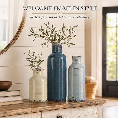 Ceramic Vase Set of 3 – Small Flower Vases, Modern Farmhouse Boho Flower Vases for Home Decor, Rustic Pottery Vases for Centerpieces, Living Room, Shelf, Fireplace, Entryway Decor, Table or Cabinet