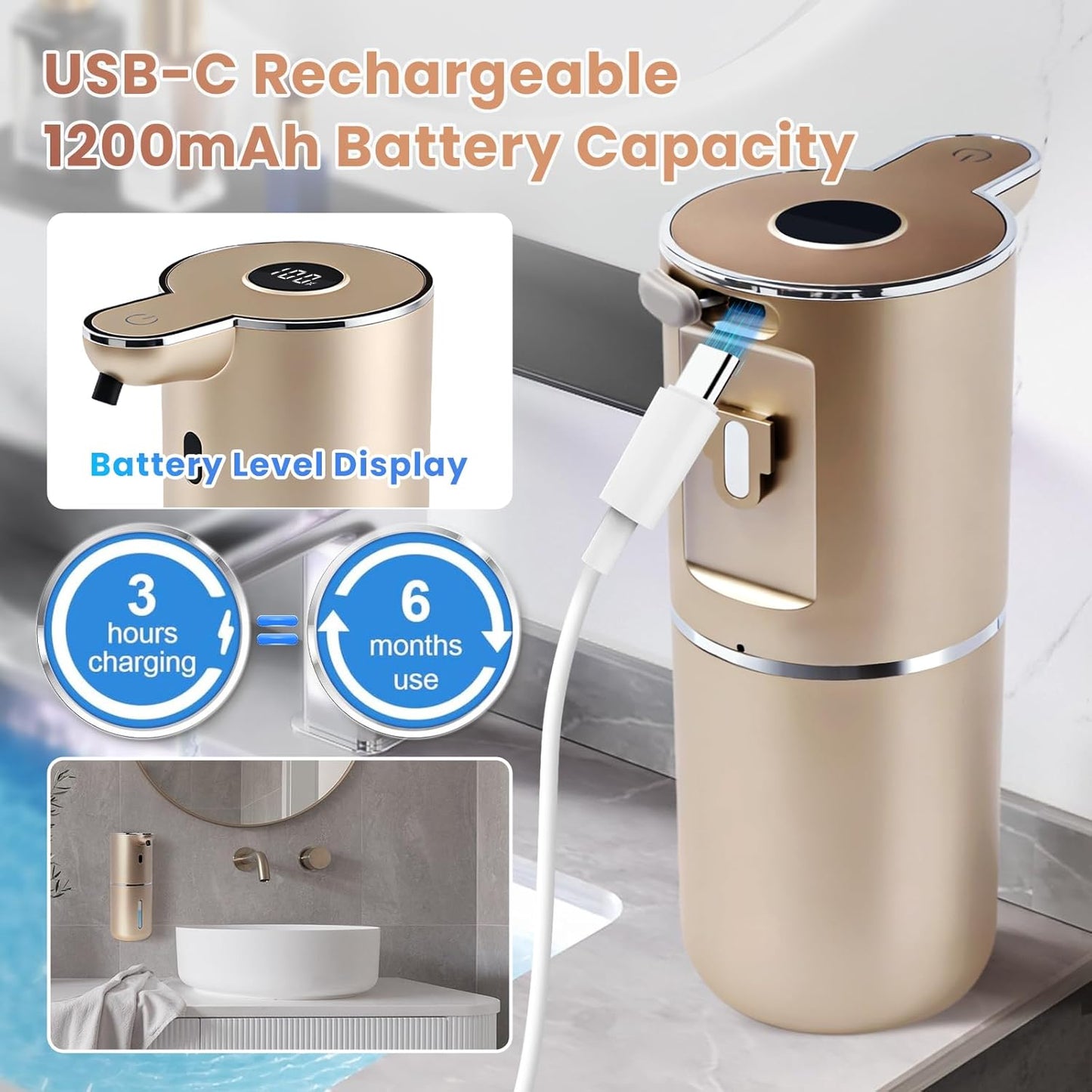 Automatic Soap Dispenser, Touchless Liquid Soap Dispensers, USB Rechargeable, 6-Level Adjustable Volume Control, 12.8oz/380ml, Wall Mount for Kitchen, Bathroom, Free Stickers (Gold)