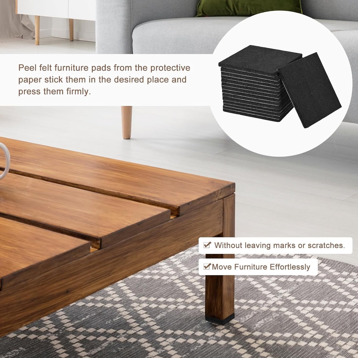 uxcell Furniture Pads, 24Pcs 1.5" - Square Self Adhesive Felt Furniture Pads, Floor Protectors for Furniture Feet Chairs Legs Hardwood Floors (Black)