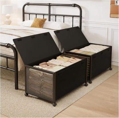 2 Pack Under the Bed Storage Containers,10 inch Height Under Bed Shoe Storage,31inch Long Underbed Storage with Wheels,Large Rolling under bed Clothes Storage Drawers with Lid for Dorm Tall ,Black