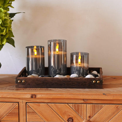 Homemory Green Glass Flameless Candles, Battery Operated LED Pillar Candles with Remote Control and Timer, Radiance Candles, Real Wax, Set of 3,D3 xH4 5" 6"