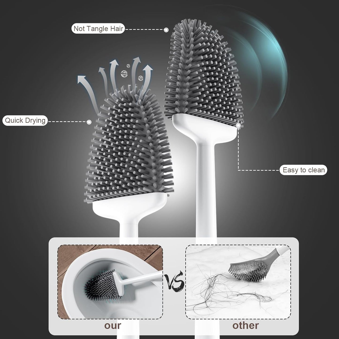 Sellemer Toilet Brush and Holder Set - Flexible Toilet Bowl Brush Head with Silicone Bristles, Compact Size for Storage and Organization, Ventilation Slots Base (1 Pack, Silver)