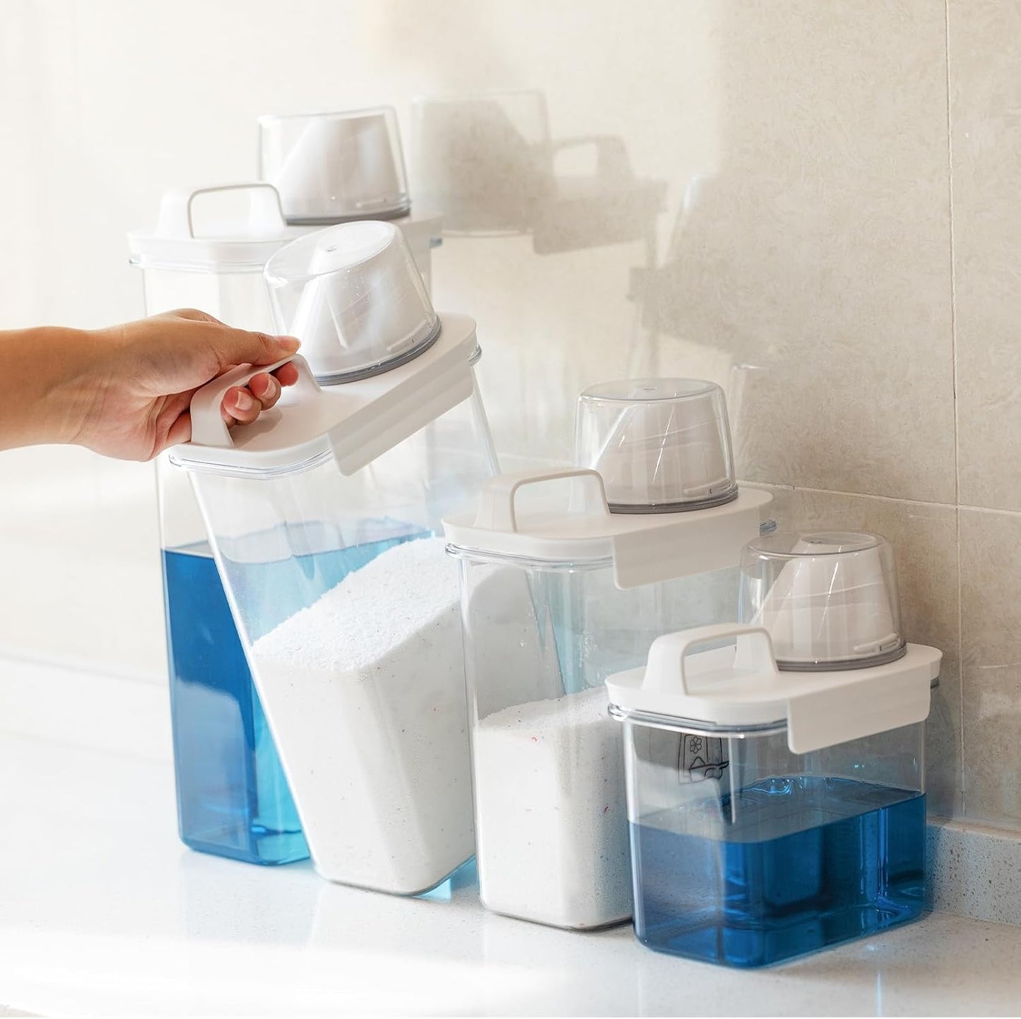 Provoue Laundry Detergent Dispenser-2 Pack, 37 oz Detergent Dispenser with 4 Removable Labels, Laundry Soap Dispenser for Laundry Room Organization and Storage, BPA Free & PET Plastic Clear