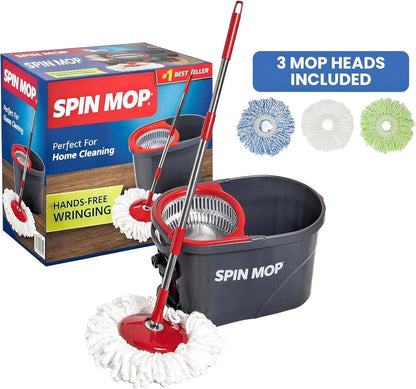 Simpli-Magic 79349 Spin Mop Cleaning System with 3 Microfiber Mop Heads, Red/Black