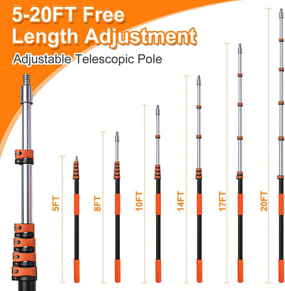 30FT High Reach Duster Kits with Dual Action Flip-Lock & Screw Fixing Design, 5-24FT Extension Pole, Cobweb Duster, Washable Ceiling Fan Cleaner & Window Squeegee for Glass & High Roof