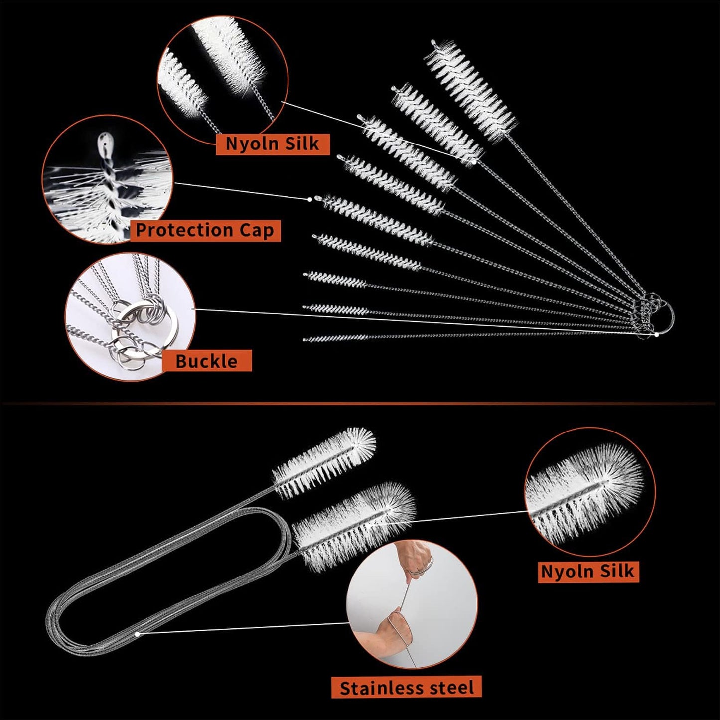 10PCS Flexible Drain Brush Straw Cleaner Brush Set,Pipe Cleaners Brush,61Inch Stainless Steel Double-Ended Hose Brush 8.2Inch Nylon Long CPAP Tube Cleaning Brush for Home Kitchen Sink Plumbing