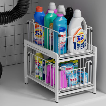 2 Tier Sliding Basket Drawer Organizer, Lxmons Pull Out Under Sink Cabinets Organizers, Metal Home Shelf for Bathroom or Kitchen, Sliding Countertop or Pantry Storage Shelf, Large Black