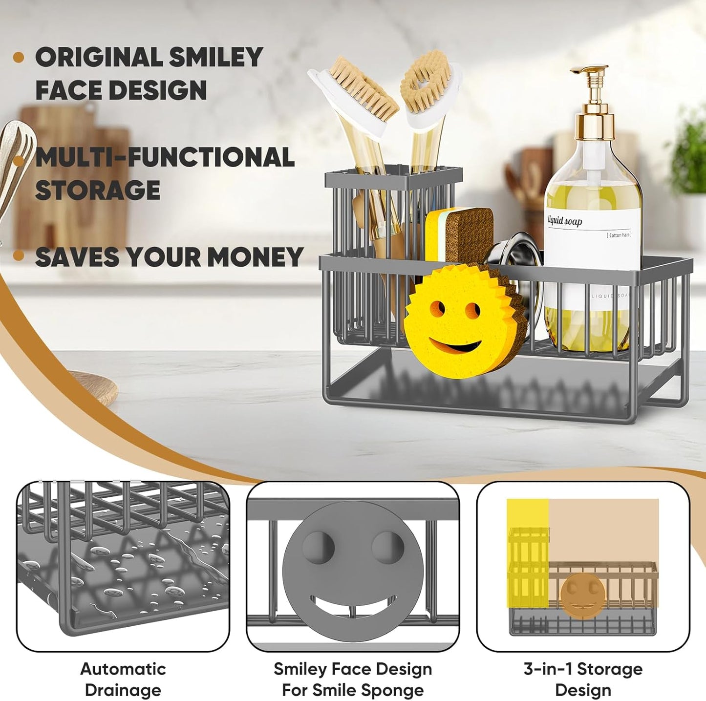 Sponge Holder for Kitchen Sink,Smiley Face Sink Caddy with Removable Brush Holder,Self-Draining Sponge Caddy for Soap,Dish Brush,Scrubber,Kitchen Essentials and Gadgets-Silver