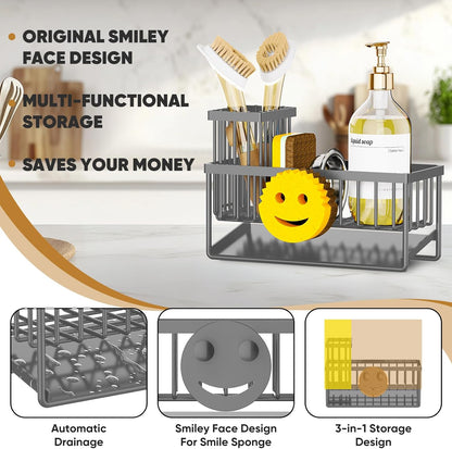Sponge Holder for Kitchen Sink,Smiley Face Sink Caddy with Removable Brush Holder,Self-Draining Sponge Caddy for Soap,Dish Brush,Scrubber,Kitchen Essentials and Gadgets-Silver