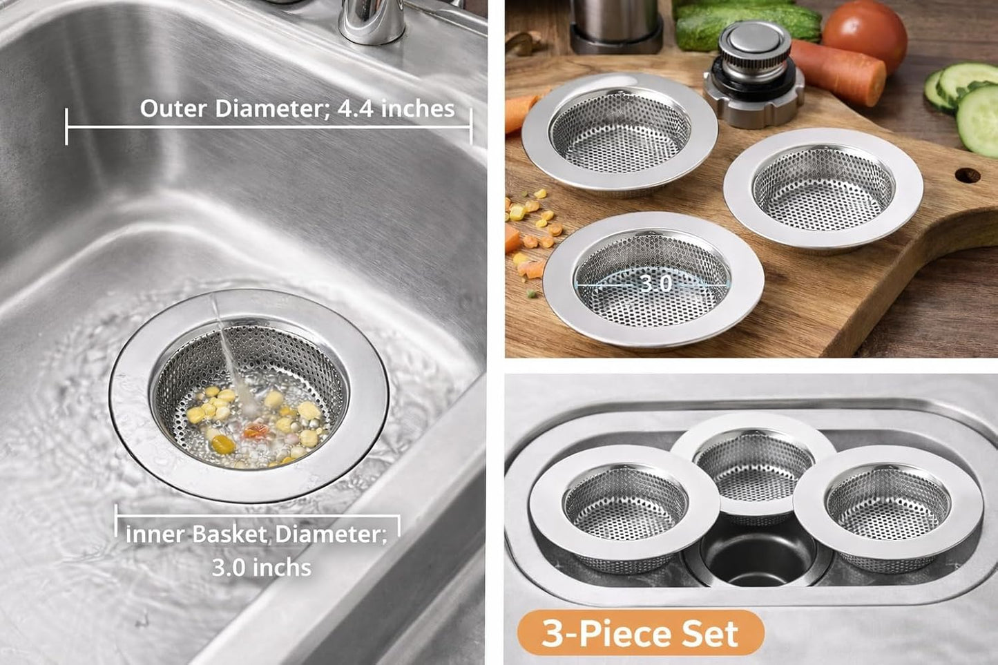 Sink Strainer Basket (3 Pack) – 304 Stainless Steel Kitchen Drain Strainer, Anti-Clog Sink Drain Catcher, Rustproof, Fits 4.4” Standard Sink