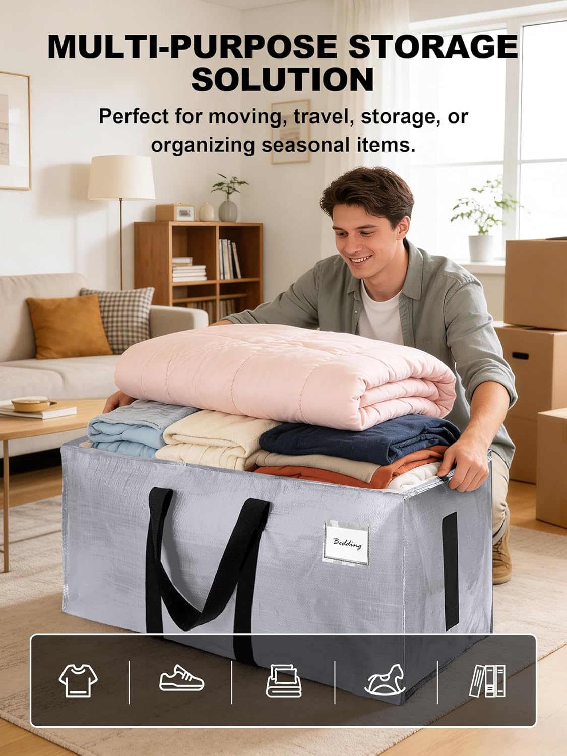 HOMESURE Supports 200lbs Heavy Duty Moving Bags - Strong Zipper & Wrap-Around Handles - Water-Resistant Storage Totes, Durable Alternative to Moving Boxes - 8 Pack - Semi-Transparent